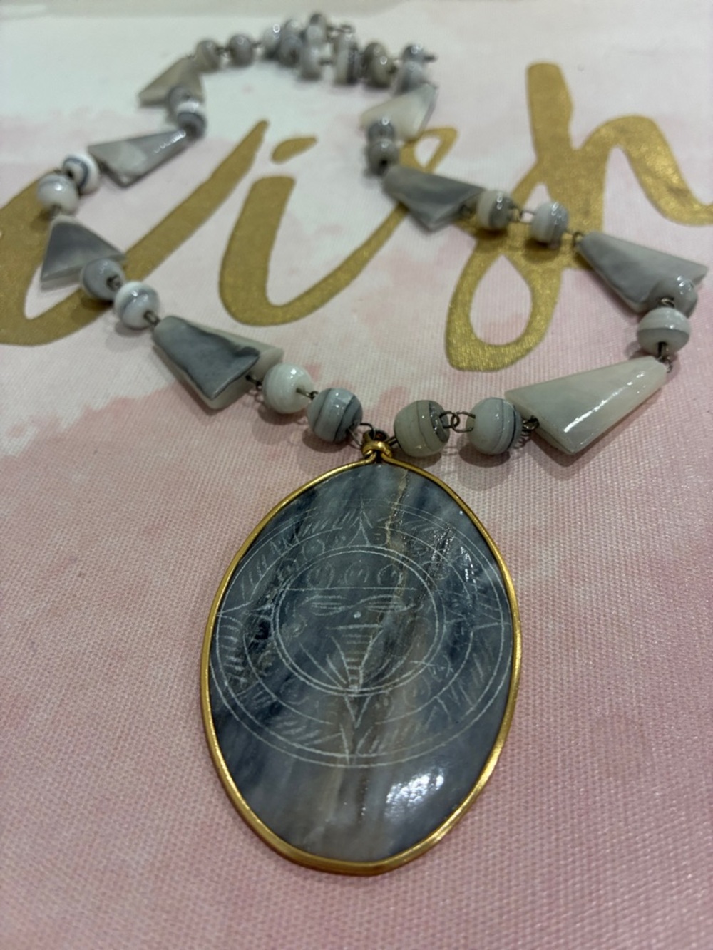 Elegant Gray Howlite Pendant Necklace with Gold Trim - Women Jewelry